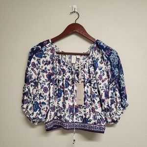 Joie Womens Blue Floral Print Elastic Kaftan Front Tie Crop Top Sz Small NWT